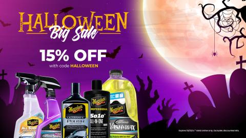 Spooky Halloween background with an assortment of Meguiar's products, Halloween Big Sale, 15% off with code HALLOWEEN, expires 10/31/24 valid online only, excludes discounted kits.